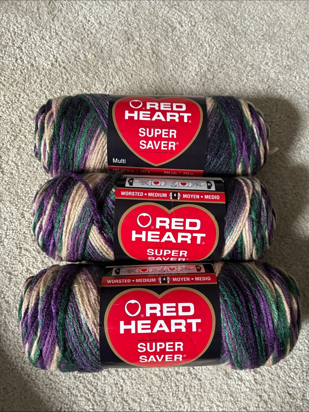 Red Heart Super Saver Yarn - Green, Purple & Cream Multi